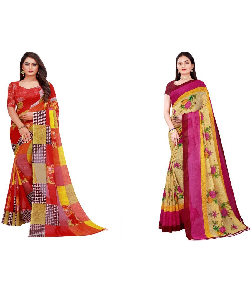     			Saadhvi Cotton Silk Printed Saree With Blouse Piece - Multicolor ( Pack of 2 )