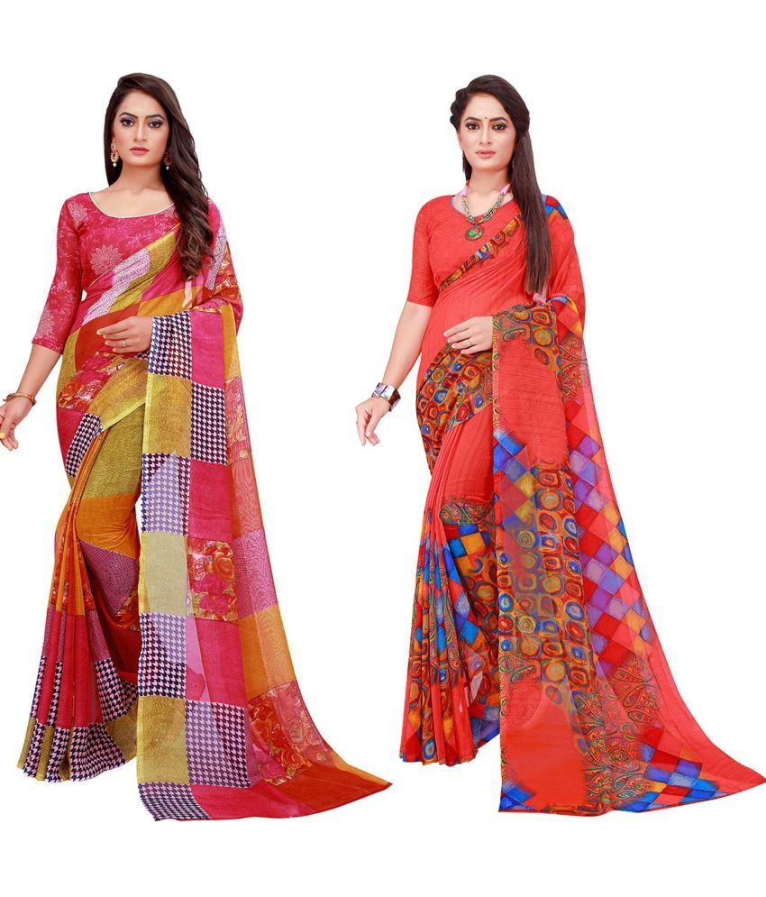     			Saadhvi Cotton Silk Printed Saree With Blouse Piece - Multicolor ( Pack of 2 )