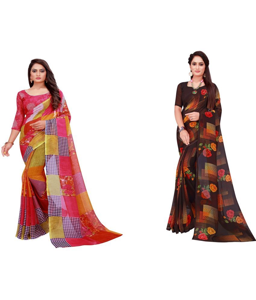     			Saadhvi Cotton Silk Printed Saree With Blouse Piece - Multicolor ( Pack of 2 )