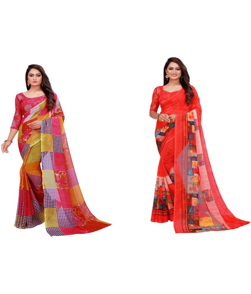     			Saadhvi Cotton Silk Printed Saree With Blouse Piece - Multicolor ( Pack of 2 )