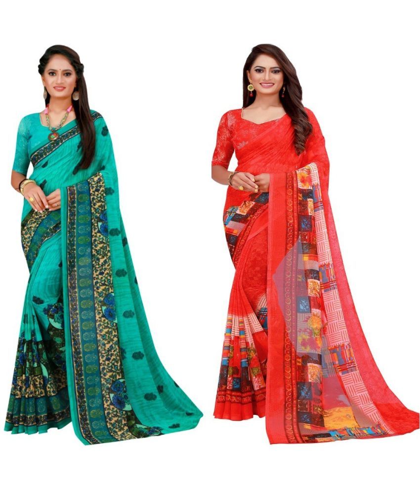     			Saadhvi Cotton Silk Printed Saree With Blouse Piece - Multicolor ( Pack of 2 )