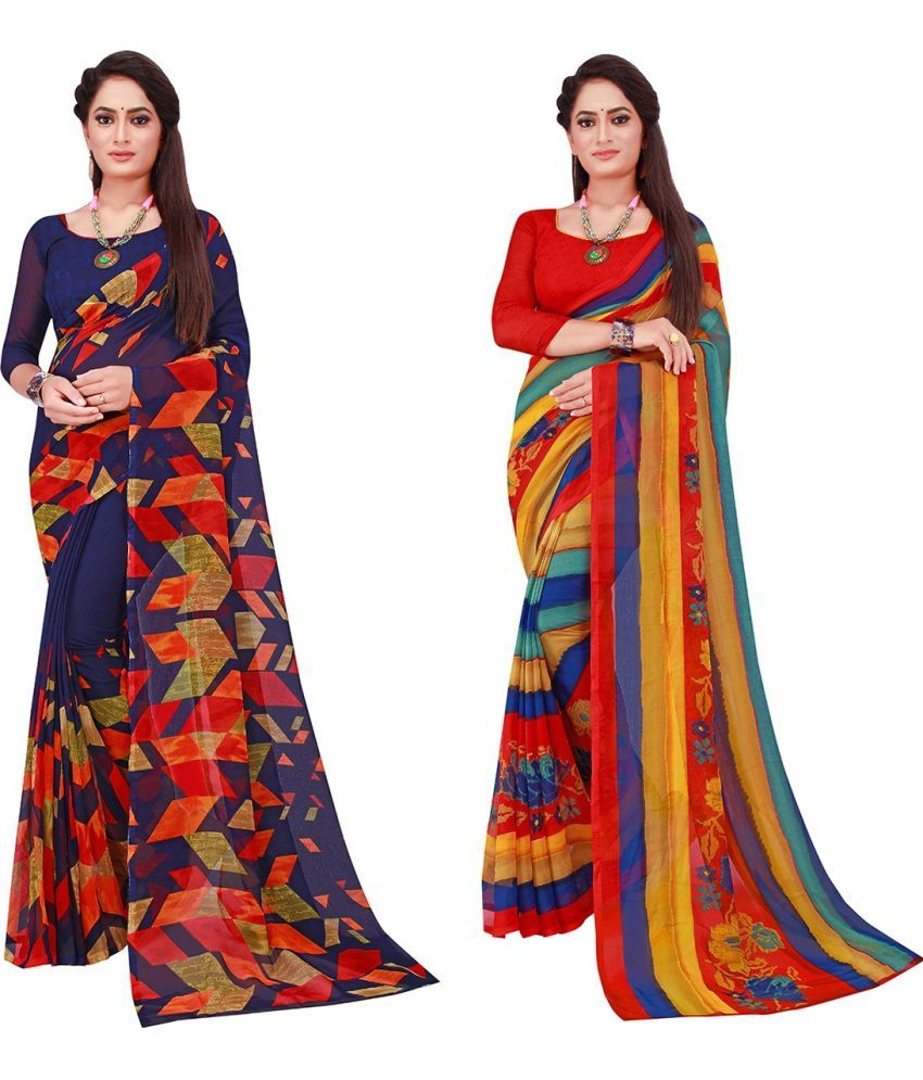     			Saadhvi Cotton Silk Printed Saree With Blouse Piece - Multicolor ( Pack of 2 )