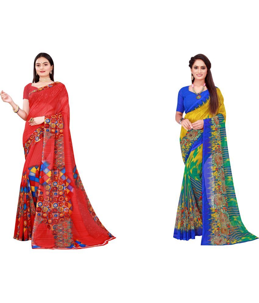     			Saadhvi Cotton Silk Printed Saree With Blouse Piece - Multicolor ( Pack of 2 )