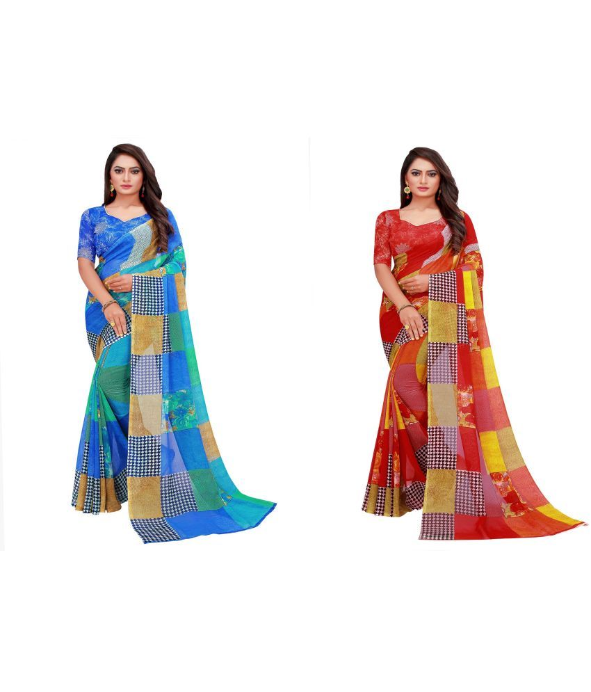     			Saadhvi Cotton Silk Printed Saree With Blouse Piece - Multicolor ( Pack of 2 )