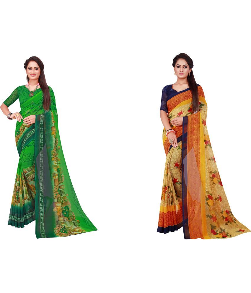     			Saadhvi Cotton Silk Printed Saree With Blouse Piece - Multicolor ( Pack of 2 )