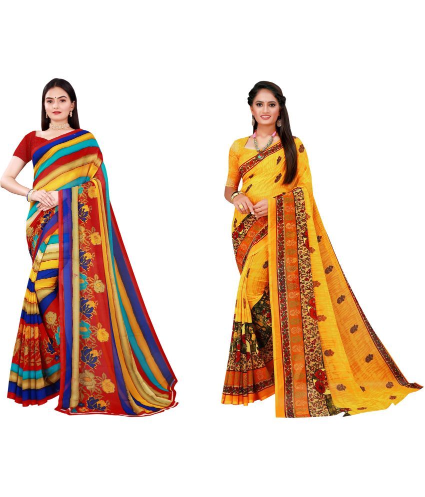     			Saadhvi Cotton Silk Printed Saree With Blouse Piece - Multicolor ( Pack of 2 )