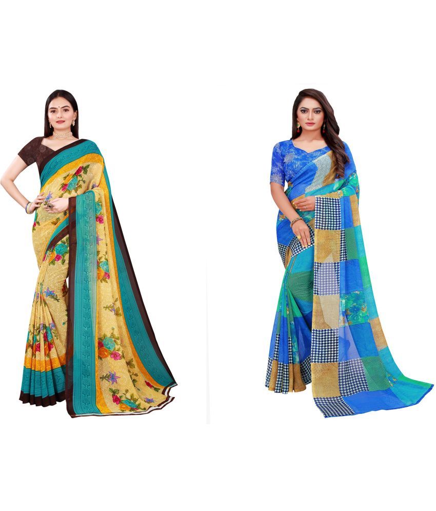     			Saadhvi Cotton Silk Printed Saree With Blouse Piece - Multicolor ( Pack of 2 )