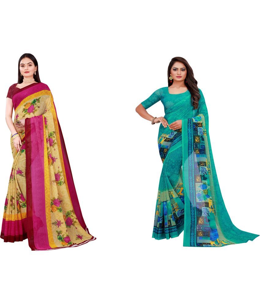     			Saadhvi Cotton Silk Printed Saree With Blouse Piece - Multicolor ( Pack of 2 )