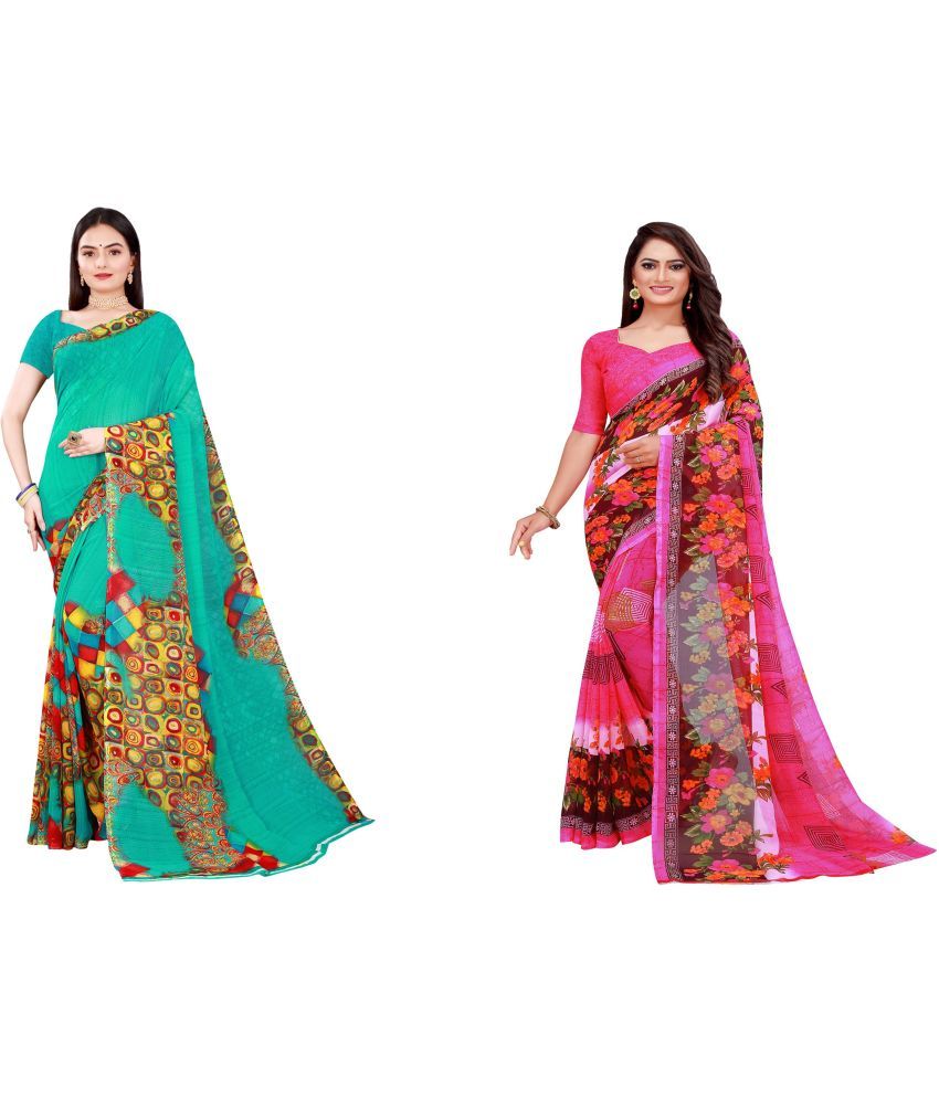     			Saadhvi Cotton Silk Printed Saree With Blouse Piece - Multicolor ( Pack of 2 )