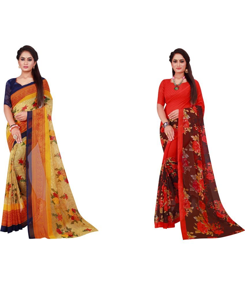     			Saadhvi Cotton Silk Printed Saree With Blouse Piece - Multicolor ( Pack of 2 )