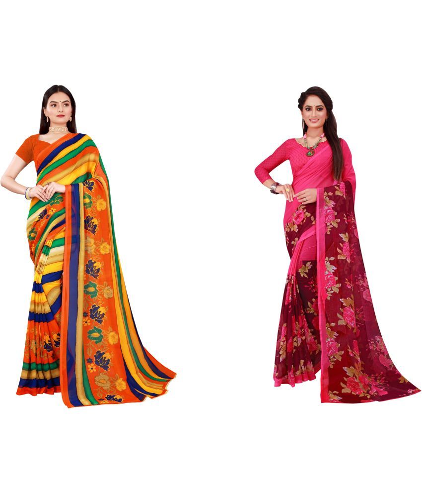     			Saadhvi Cotton Silk Printed Saree With Blouse Piece - Multicolor ( Pack of 2 )