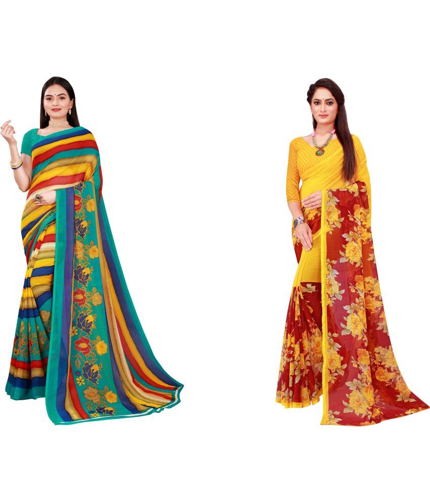     			Saadhvi Cotton Silk Printed Saree With Blouse Piece - Multicolor ( Pack of 2 )