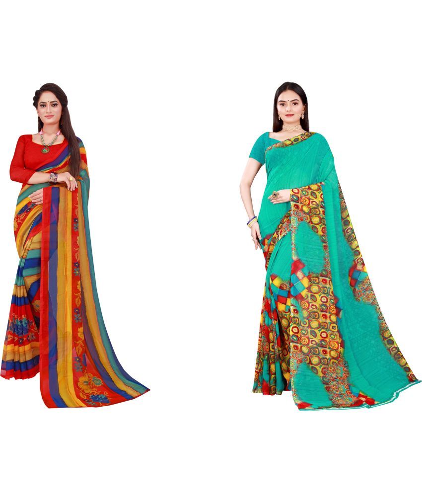     			Saadhvi Cotton Silk Printed Saree With Blouse Piece - Multicolor ( Pack of 2 )