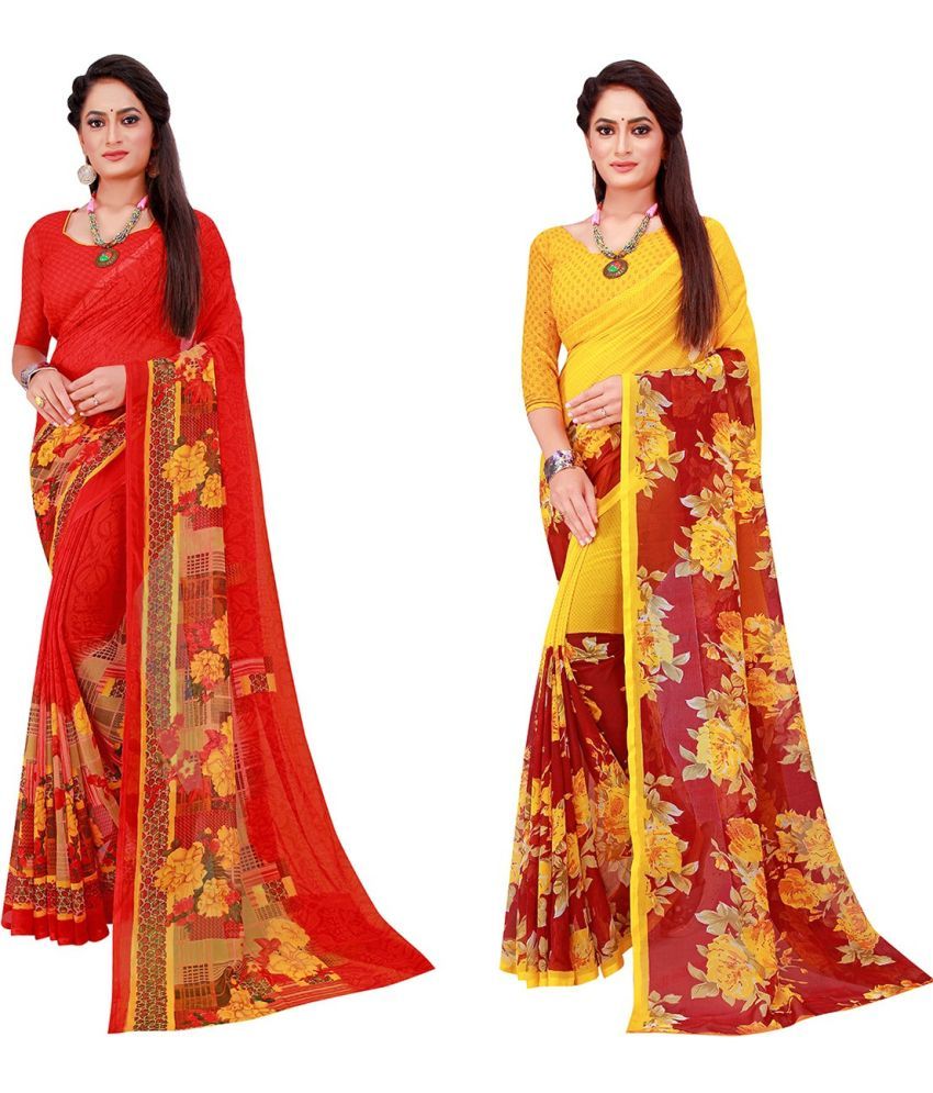     			Saadhvi Cotton Silk Printed Saree With Blouse Piece - Multicolor ( Pack of 2 )