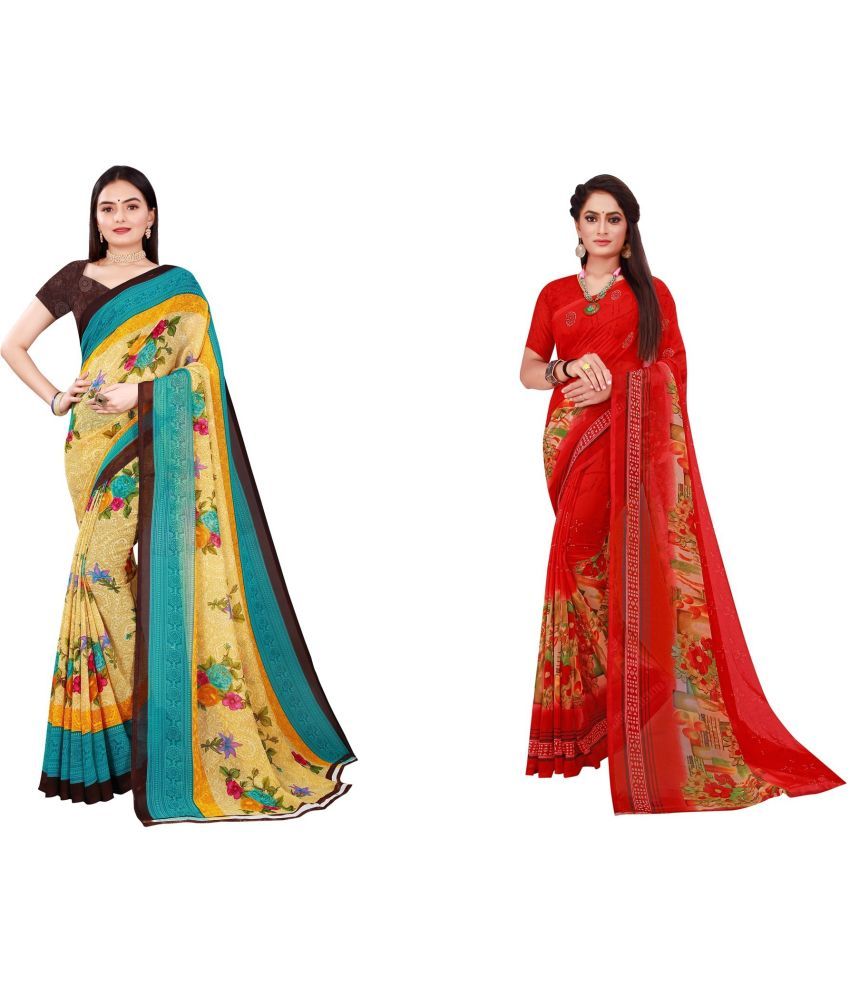     			Saadhvi Cotton Silk Printed Saree With Blouse Piece - Multicolor ( Pack of 2 )