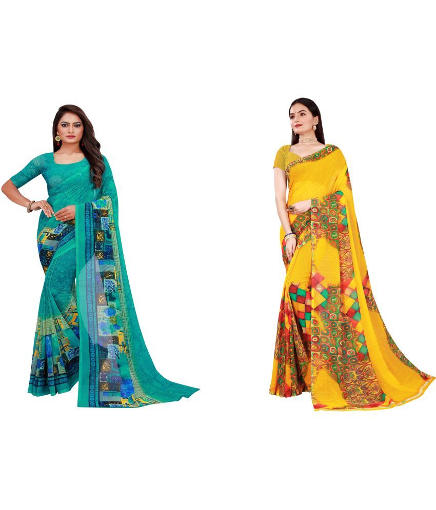     			Saadhvi Cotton Silk Printed Saree With Blouse Piece - Multicolor ( Pack of 2 )