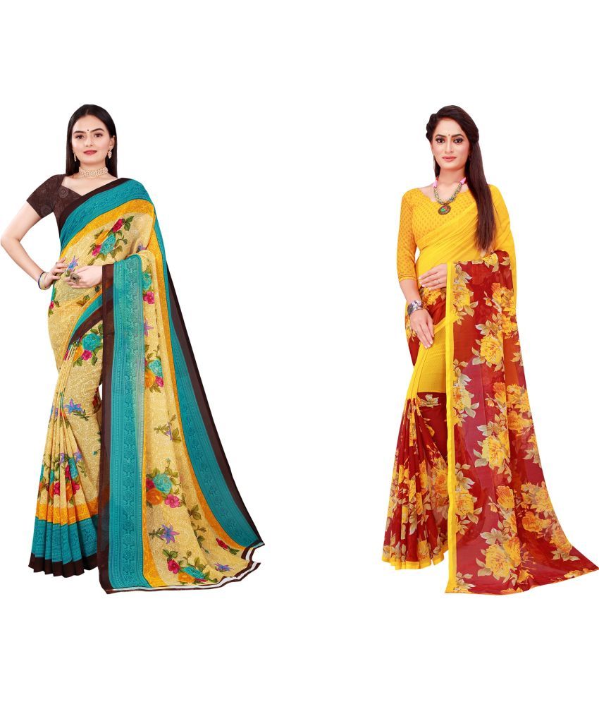     			Saadhvi Cotton Silk Printed Saree With Blouse Piece - Multicolor ( Pack of 2 )