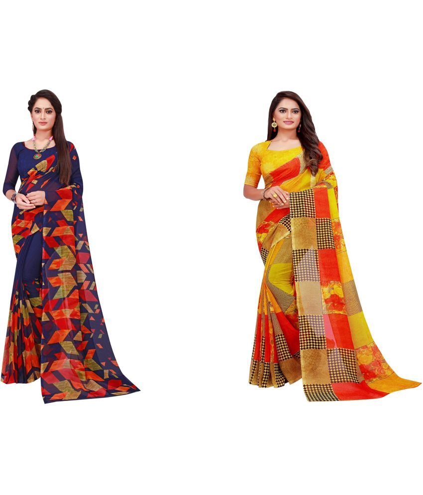     			Saadhvi Cotton Silk Printed Saree With Blouse Piece - Multicolor ( Pack of 2 )