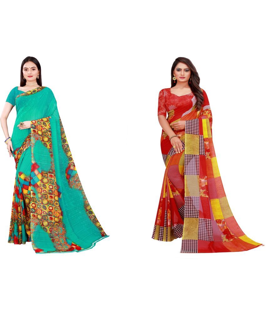     			Saadhvi Cotton Silk Printed Saree With Blouse Piece - Multicolor ( Pack of 2 )