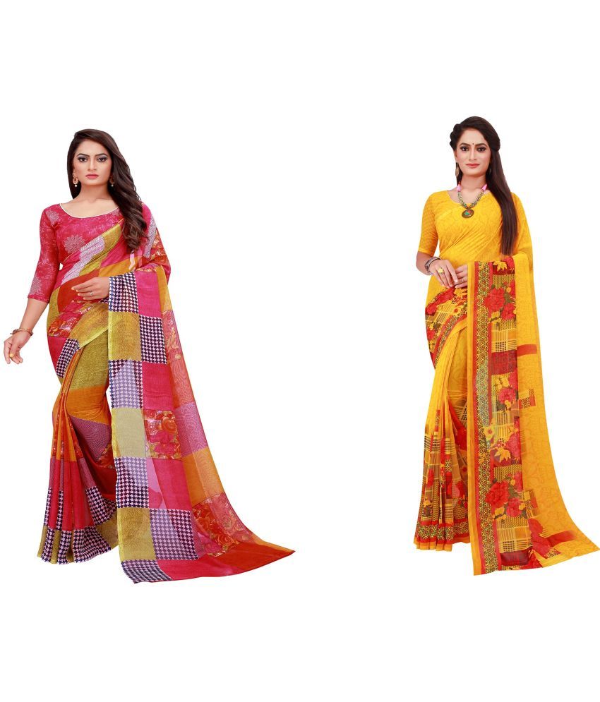     			Saadhvi Cotton Silk Printed Saree With Blouse Piece - Multicolor ( Pack of 2 )