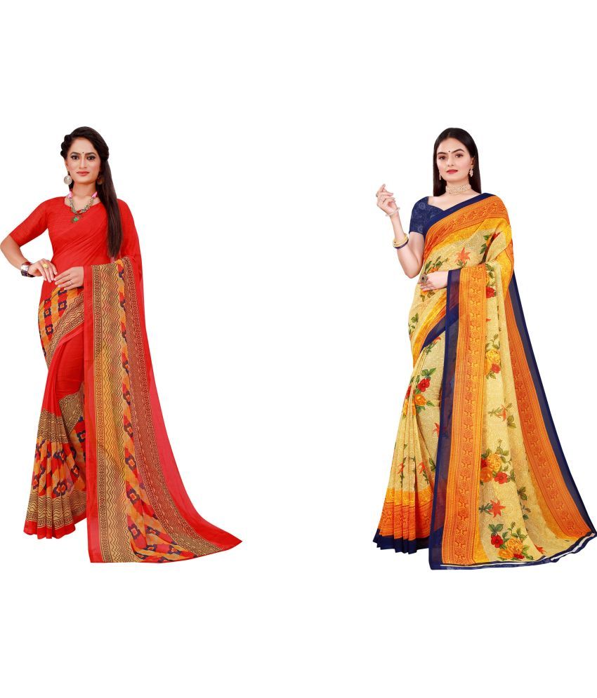     			Saadhvi Cotton Silk Printed Saree With Blouse Piece - Multicolor ( Pack of 2 )