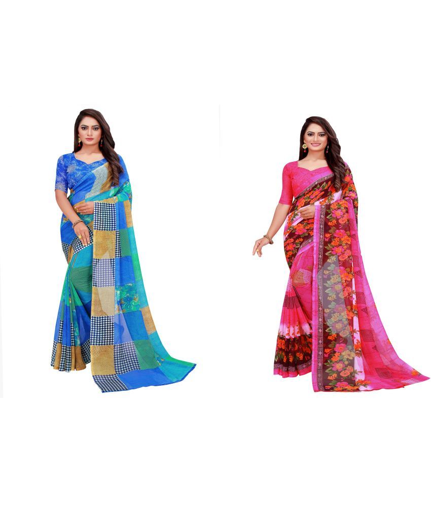     			Saadhvi Cotton Silk Printed Saree With Blouse Piece - Multicolor ( Pack of 2 )