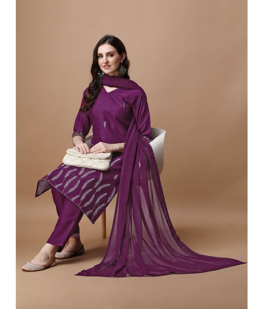     			TRAHIMAM Cotton Blend Embroidered Kurti With Pants Women's Stitched Salwar Suit - Purple ( Pack of 1 )