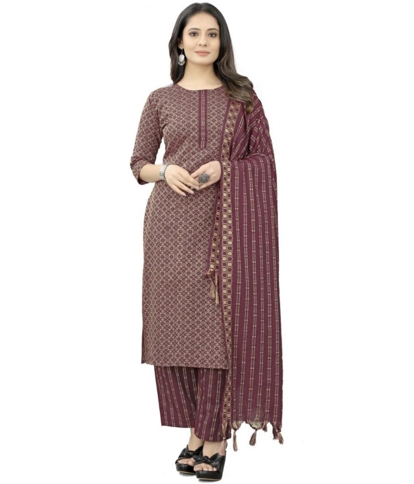     			TRAHIMAM Cotton Blend Printed Kurti With Pants Women's Stitched Salwar Suit - Maroon ( Pack of 1 )