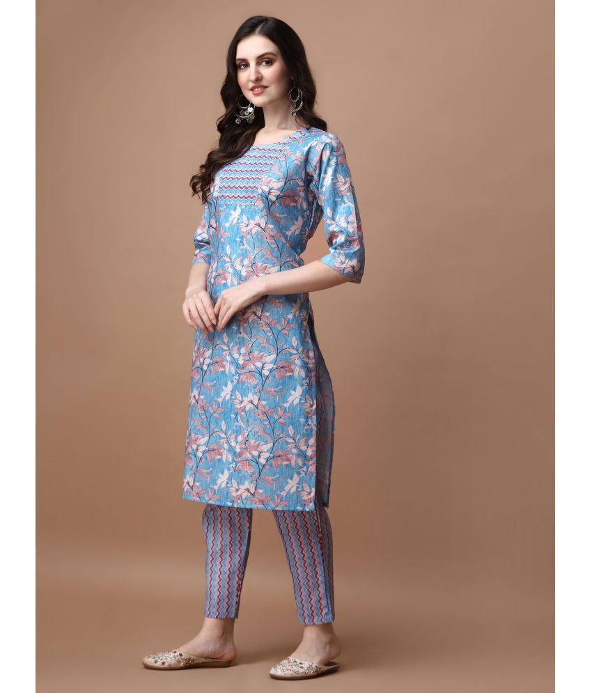     			TRAHIMAM Cotton Printed Kurti With Pants Women's Stitched Salwar Suit - Blue ( Pack of 1 )