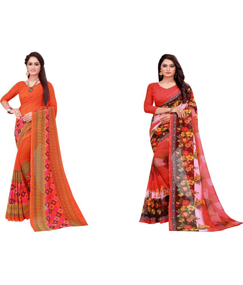     			Vkaran Cotton Silk Printed Saree With Blouse Piece - Multicolor ( Pack of 2 )