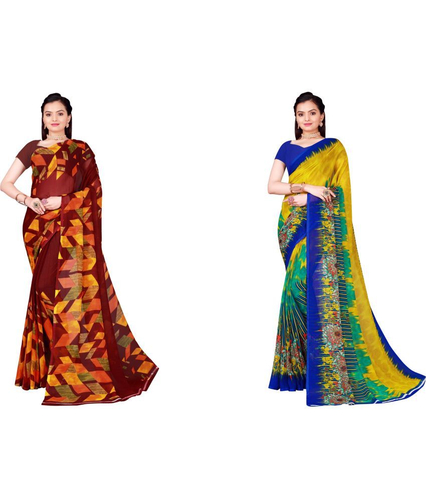     			Vkaran Cotton Silk Printed Saree With Blouse Piece - Multicolor ( Pack of 2 )