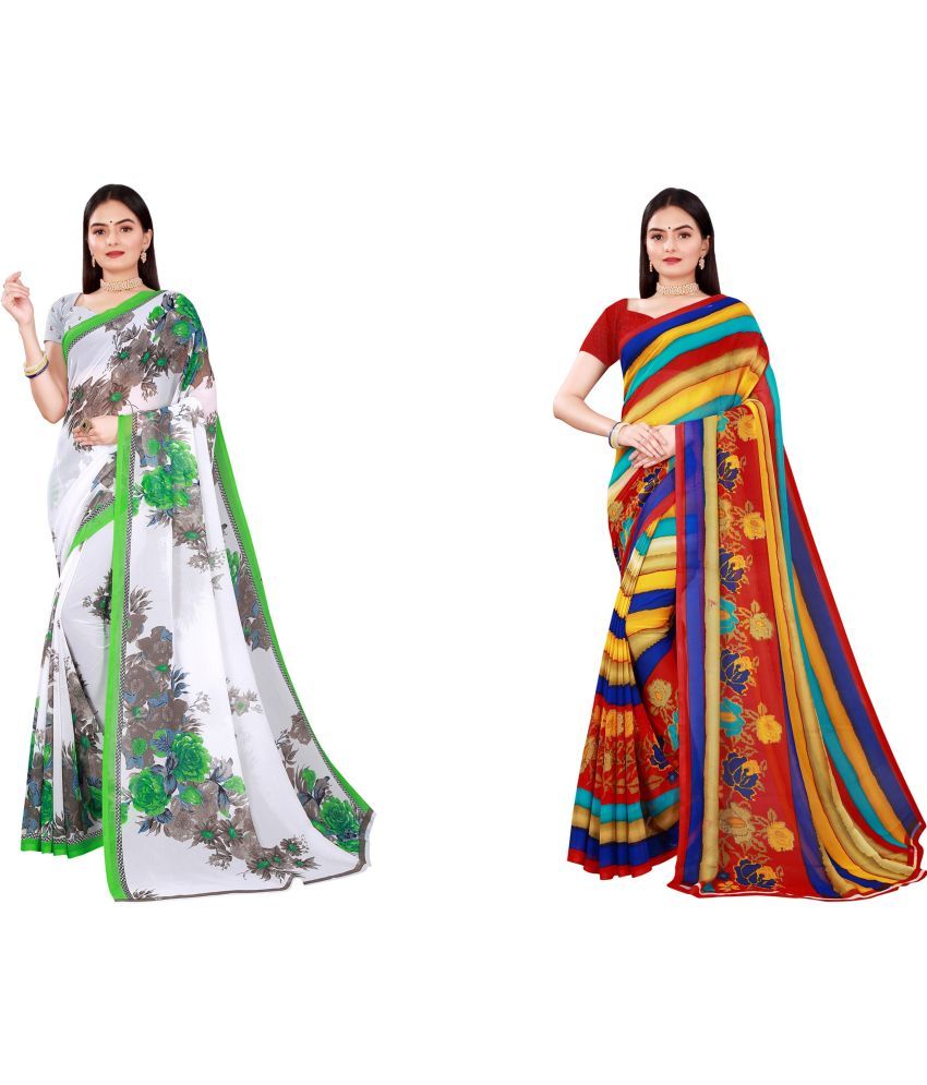     			Vkaran Cotton Silk Printed Saree With Blouse Piece - Multicolor ( Pack of 2 )