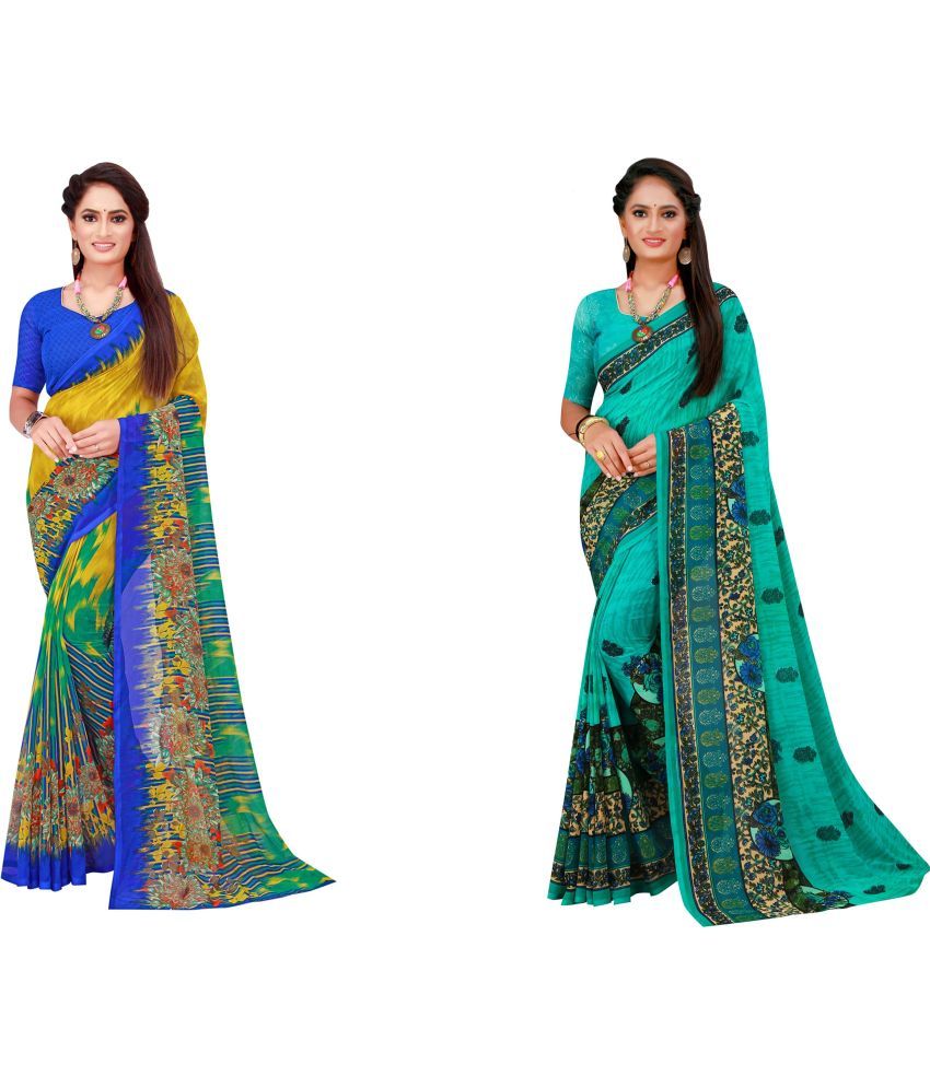     			Vkaran Cotton Silk Printed Saree With Blouse Piece - Multicolor ( Pack of 2 )