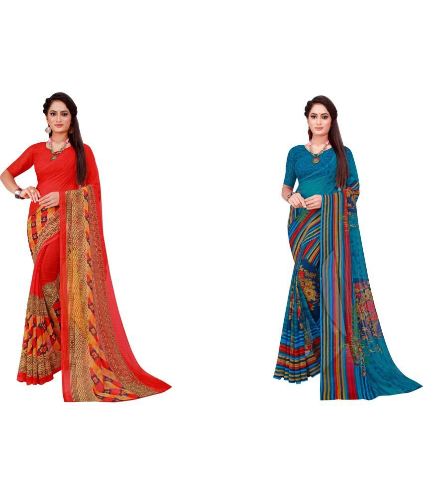     			Vkaran Cotton Silk Printed Saree With Blouse Piece - Multicolor ( Pack of 2 )