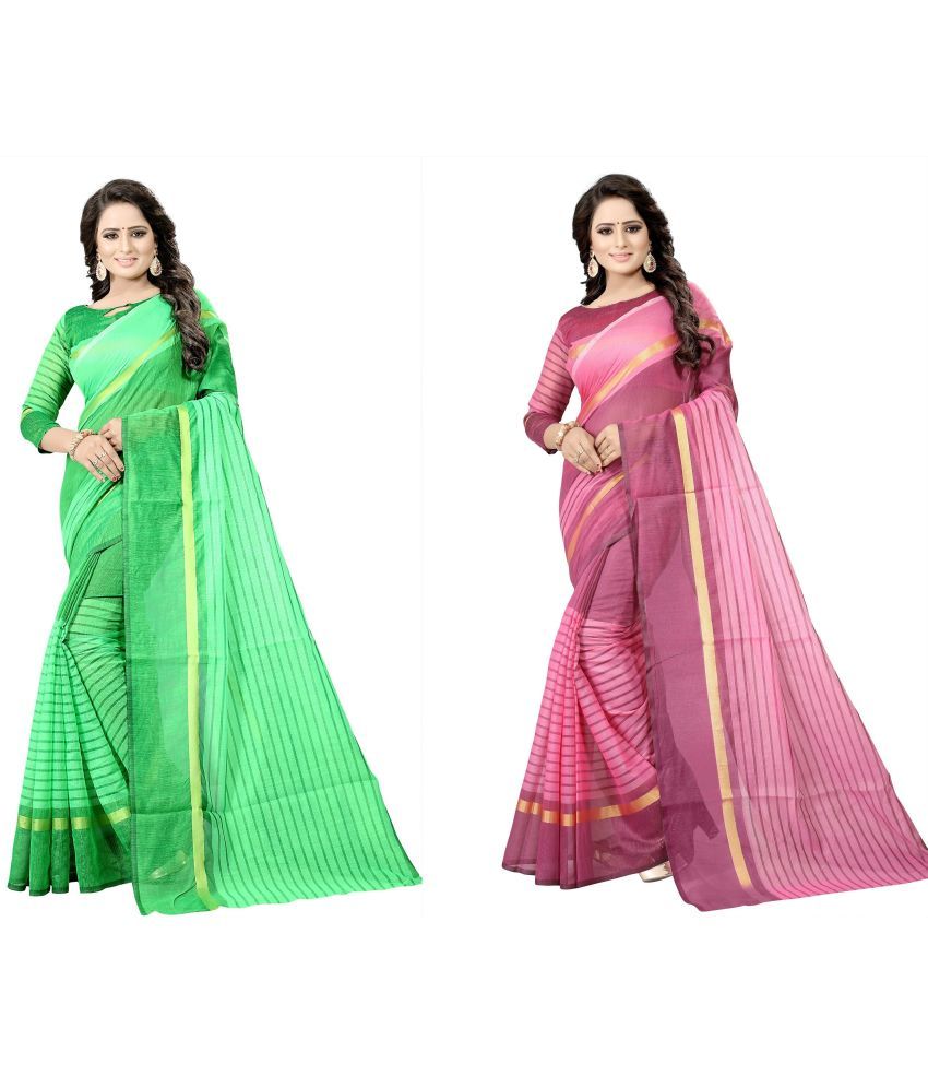     			Vkaran Cotton Silk Printed Saree With Blouse Piece - Multicolor ( Pack of 2 )