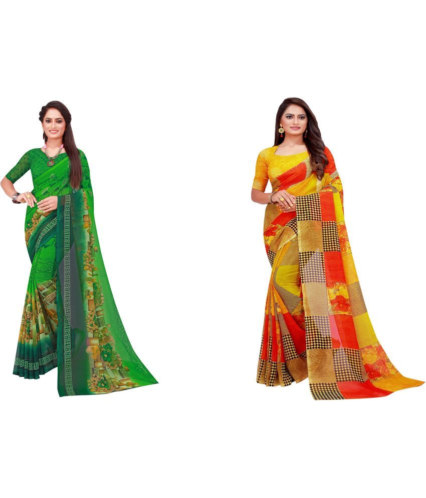     			Vkaran Cotton Silk Printed Saree With Blouse Piece - Multicolor ( Pack of 2 )