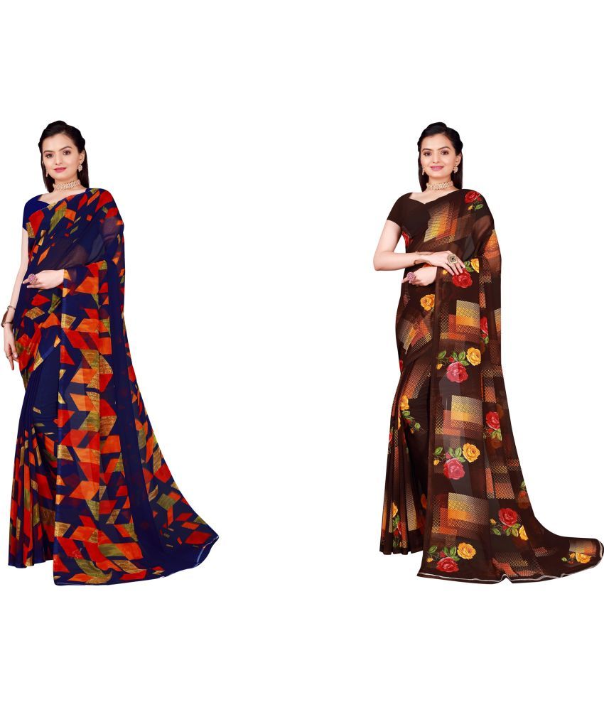     			Vkaran Cotton Silk Printed Saree With Blouse Piece - Multicolor ( Pack of 2 )