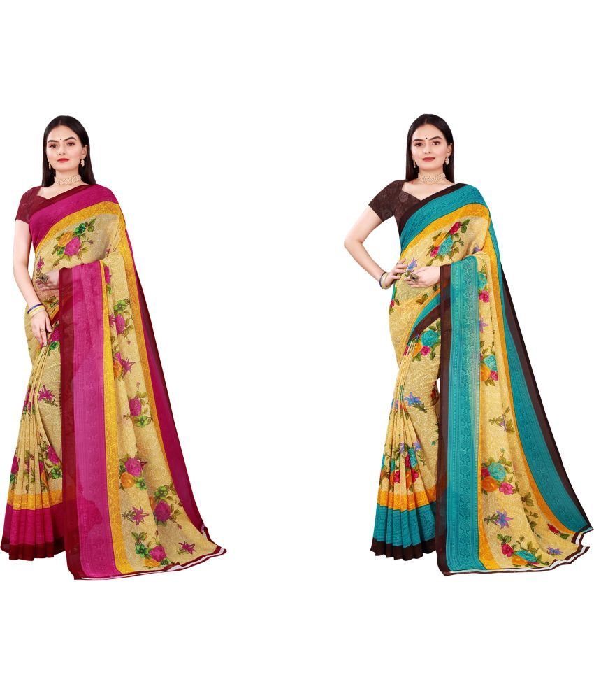     			Vkaran Cotton Silk Printed Saree With Blouse Piece - Multicolor ( Pack of 2 )