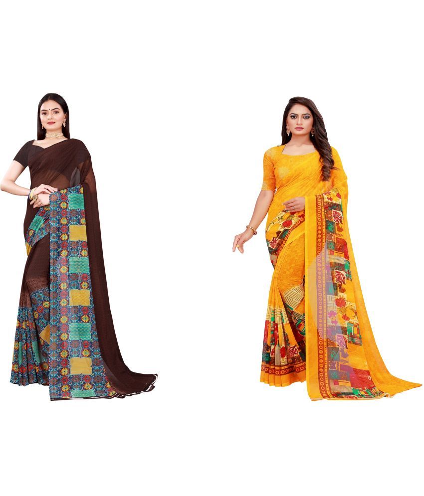     			Vkaran Cotton Silk Printed Saree With Blouse Piece - Multicolor ( Pack of 2 )