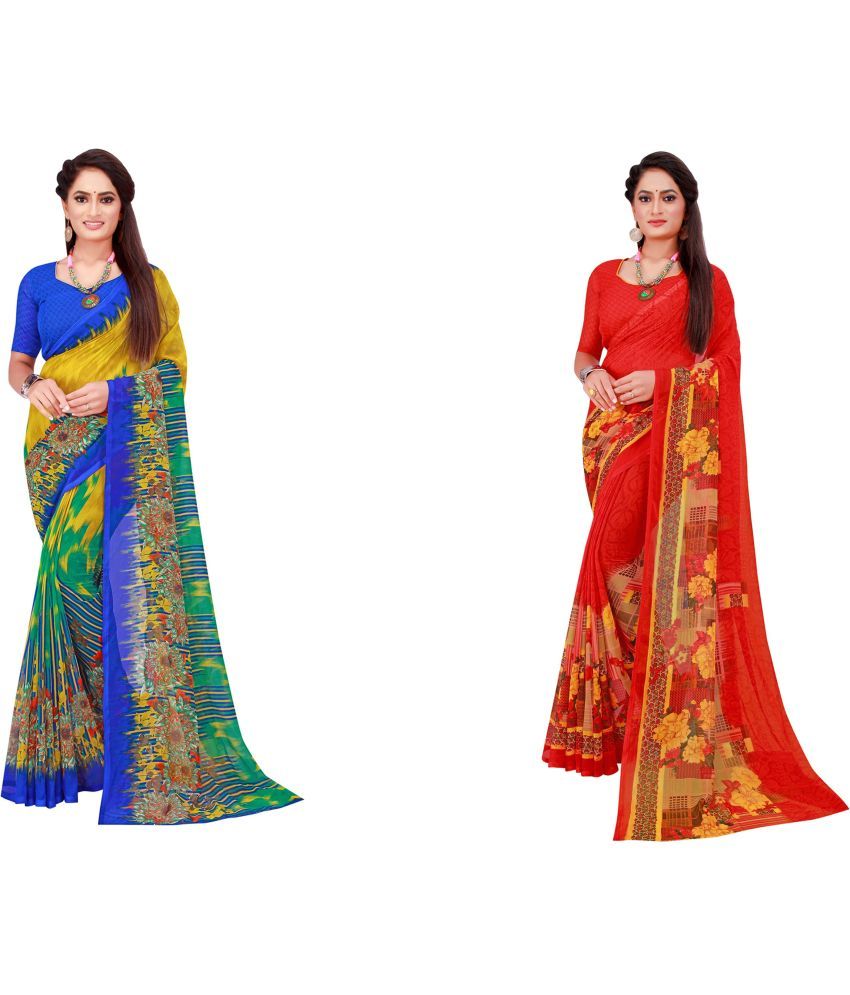     			Vkaran Cotton Silk Printed Saree With Blouse Piece - Multicolor ( Pack of 2 )