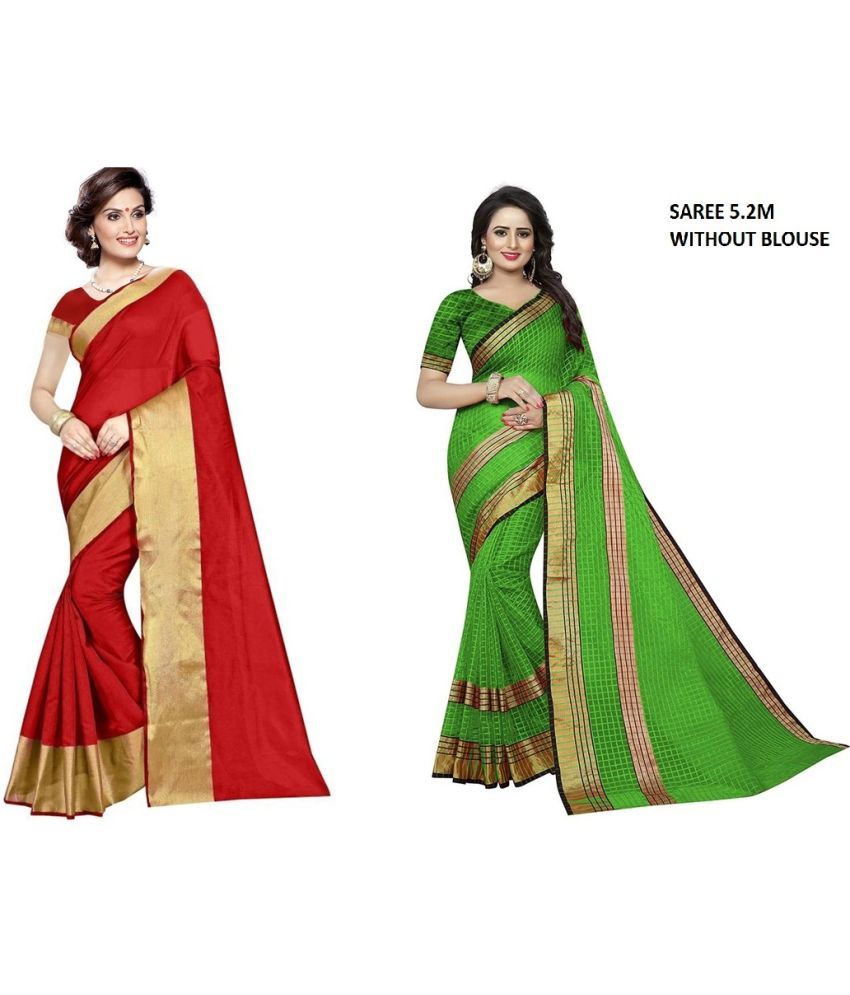     			Vkaran Cotton Silk Printed Saree With Blouse Piece - Multicolor ( Pack of 2 )