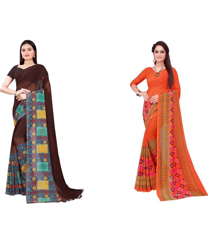     			Vkaran Cotton Silk Printed Saree With Blouse Piece - Multicolor ( Pack of 2 )