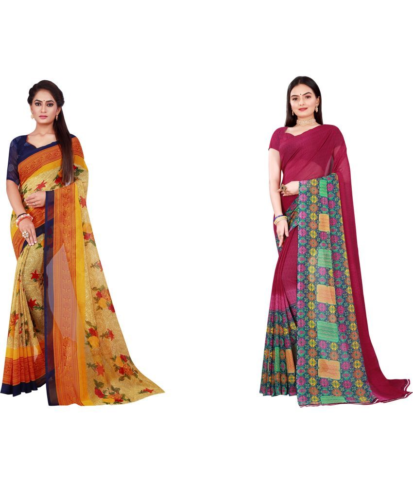     			Vkaran Cotton Silk Printed Saree With Blouse Piece - Multicolor ( Pack of 2 )