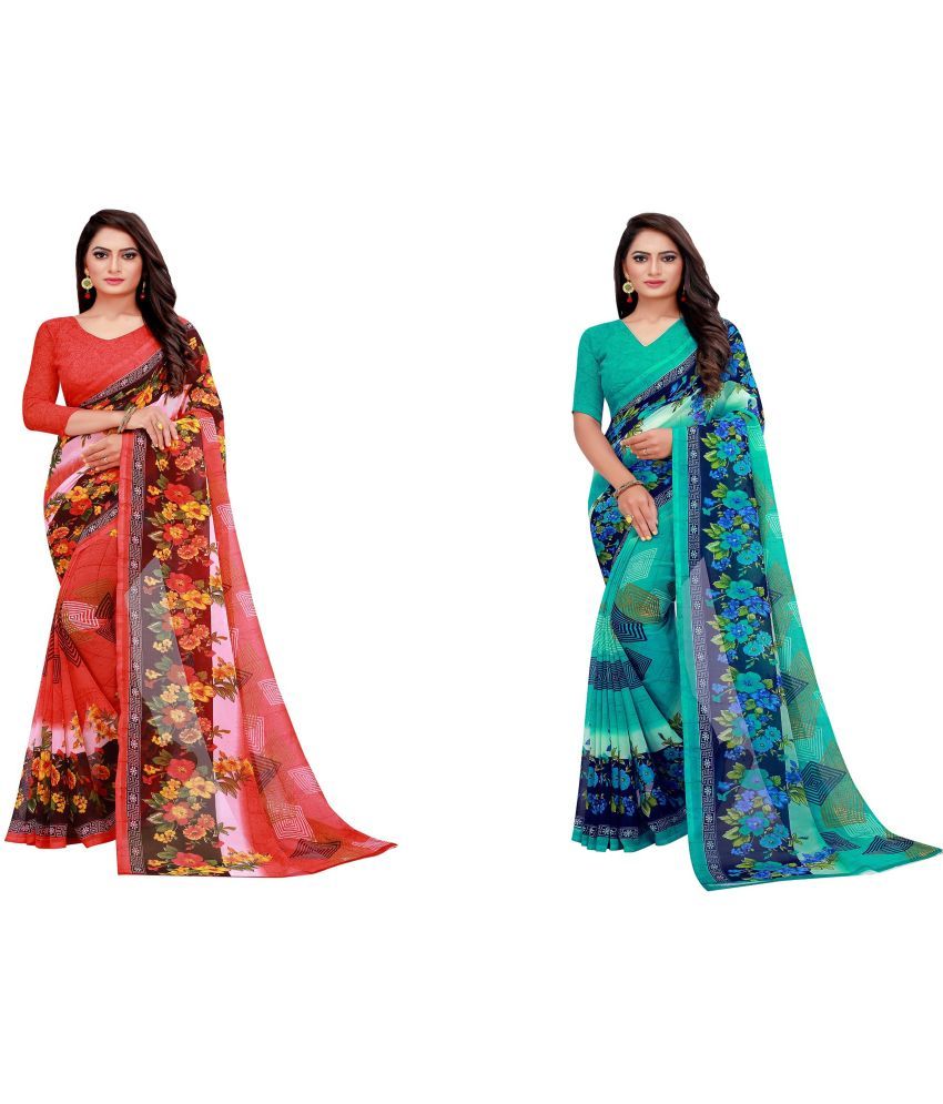     			Vkaran Cotton Silk Printed Saree With Blouse Piece - Multicolor ( Pack of 2 )