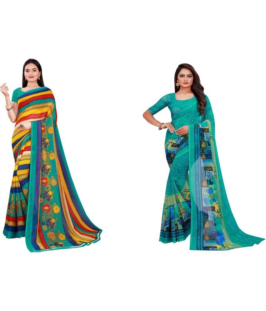     			Vkaran Cotton Silk Printed Saree With Blouse Piece - Multicolor ( Pack of 2 )