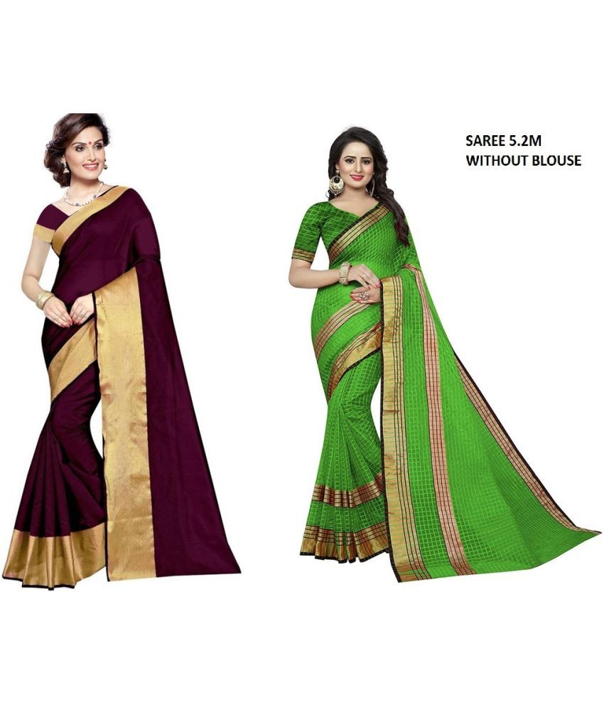     			Vkaran Cotton Silk Printed Saree With Blouse Piece - Multicolor ( Pack of 2 )