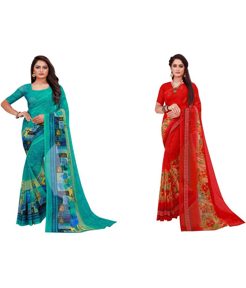     			Vkaran Cotton Silk Printed Saree With Blouse Piece - Multicolor ( Pack of 2 )