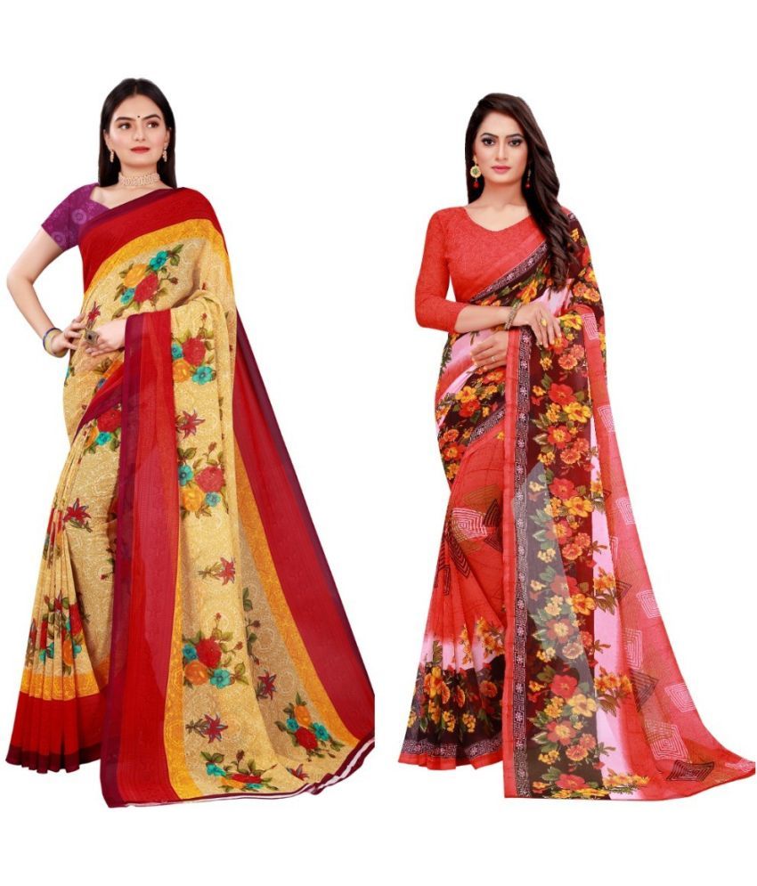     			Vkaran Cotton Silk Printed Saree With Blouse Piece - Multicolor ( Pack of 2 )