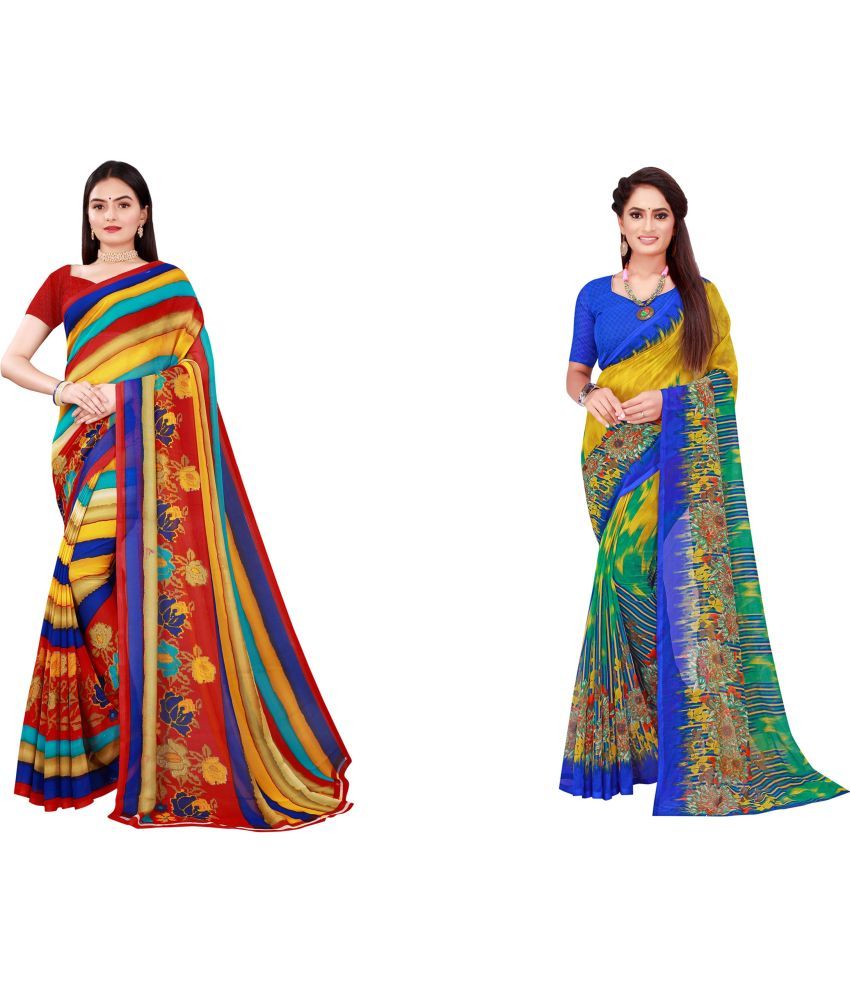     			Vkaran Cotton Silk Printed Saree With Blouse Piece - Multicolor ( Pack of 2 )