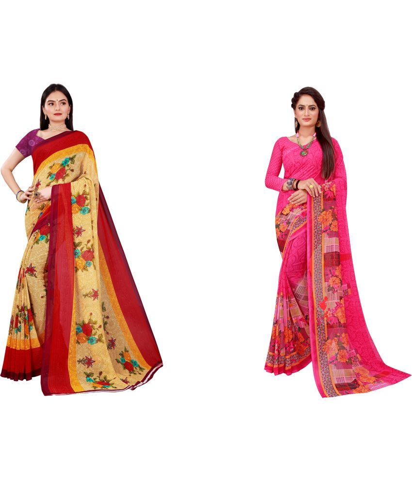     			Vkaran Cotton Silk Printed Saree With Blouse Piece - Multicolor ( Pack of 2 )